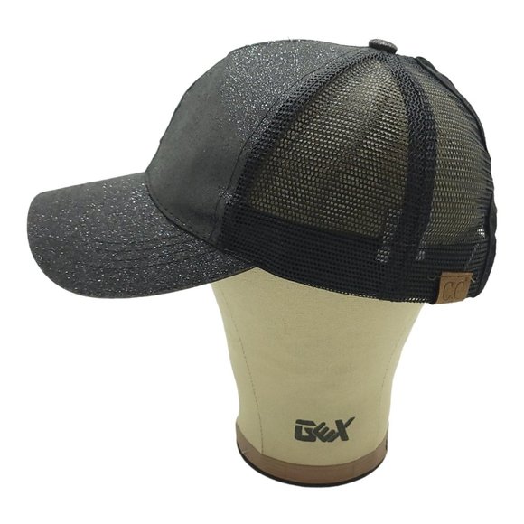 C.C Pony Cap Ponytail Black Metallic Sparkle Mesh Strapback Hat Trucker Baseball - Picture 9 of 13